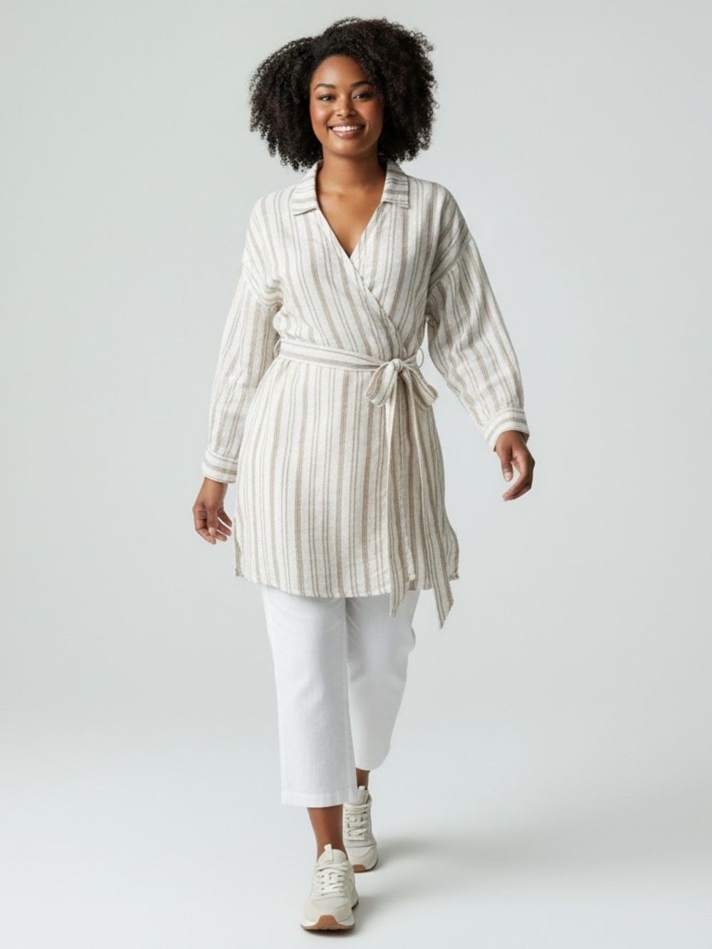 COS Cream & Tan Striped Gauzy Cotto Wrap Tunic Top
